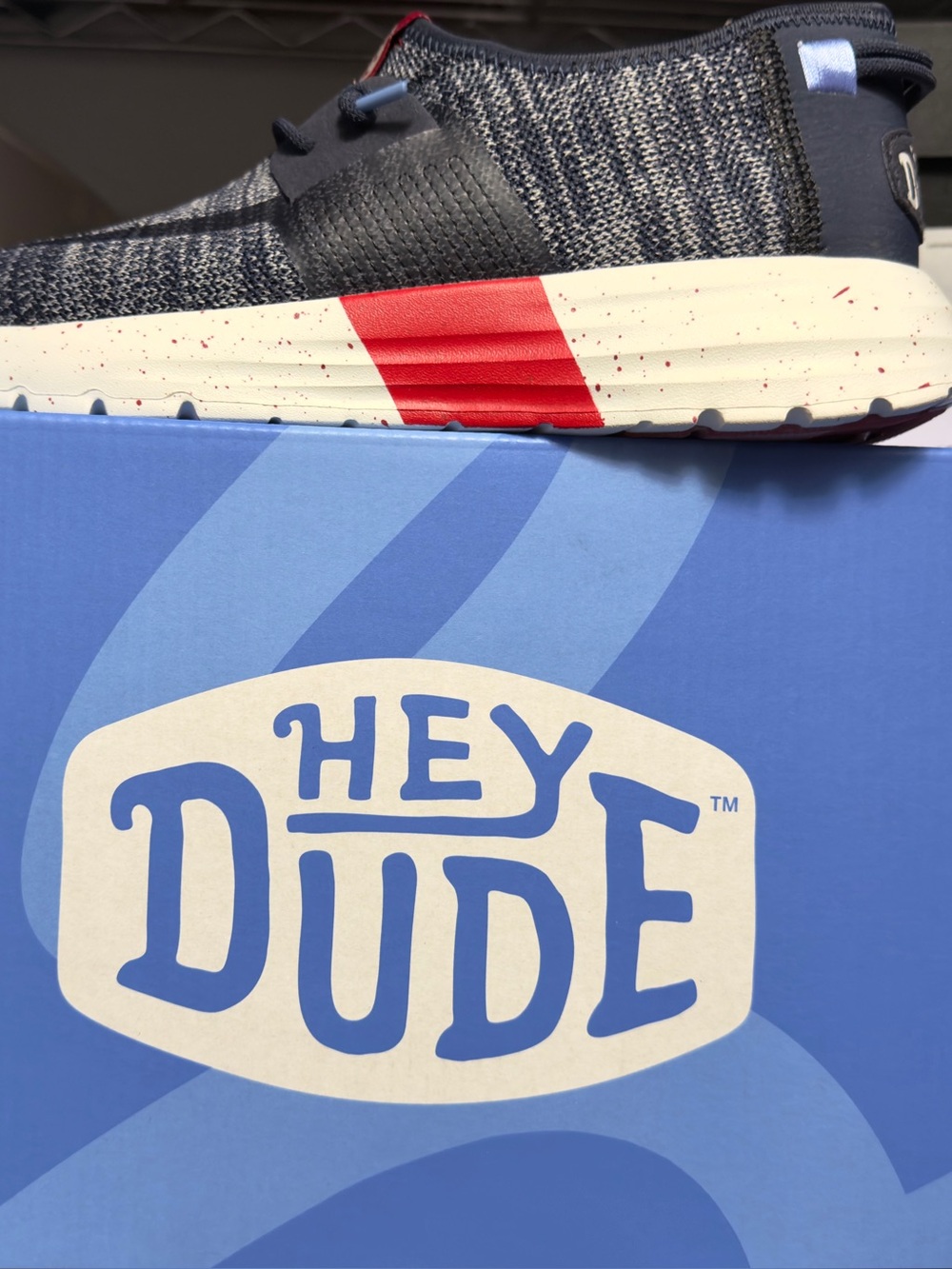 Hey Dude Sirocco Sport Unisex Sz.7 Navy Knit Slip-On Sneaker with Red Accent NIB